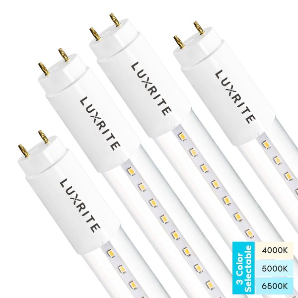 Luxrite T8 LED Tube Light Bulbs 18W (32W Equivalent) 3 CCT Selectable 2340LM Type A+B G13 Base 4-Pack LR34236-4PK